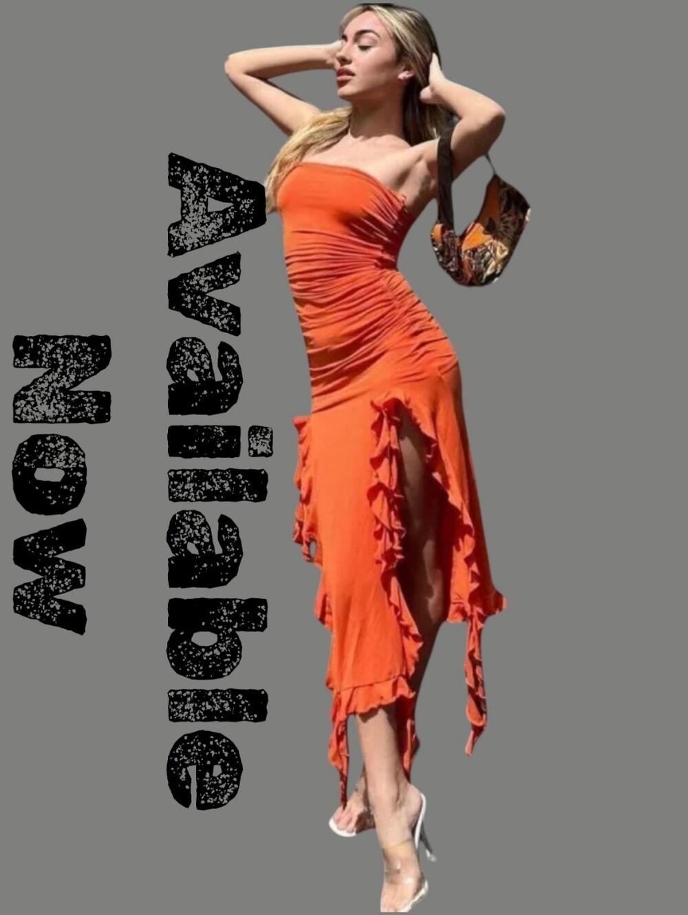 Women Sexy Strapless Ruched Midi Dress Ruffle High Split Slim Fit/Read Bio